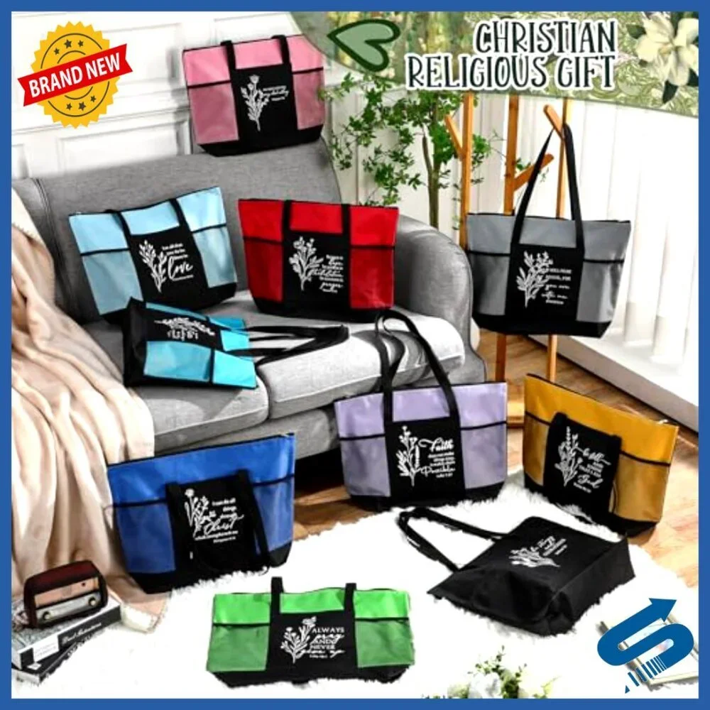 Religious Tote Bags Bulk Set with Zipper Pocket Boho Church Gifts Oxford Cloth
